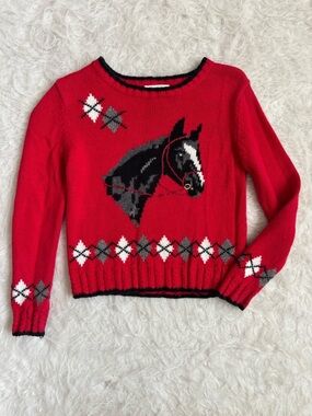 Hartstrings Girls Vintage Knit Red Horse Sweater